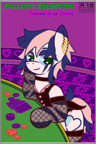 Size: 4000x6000 | Tagged: safe, artist:dice-warwick, derpibooru import, part of a set, oc, oc:pecan harvester, unofficial characters only, hybrid, original species, pony, zony, bottlecap, cap, card, casino, choker, clothes, ear piercing, female, gambling, hat, image, piercing, png, solo, waste pony