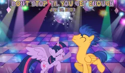 Size: 2064x1217 | Tagged: safe, artist:martinnus1, artist:mckinnley, artist:not-yet-a-brony, derpibooru import, flash sentry, twilight sparkle, alicorn, pegasus, pony, 2023, dance floor, dancing, disco, disco ball, do the sparkle, duo, female, friends, friendship, image, july, lyrics in the description, male, mare, png, smiling, song in the description, song reference, stallion, youtube link in the description