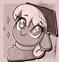 Size: 995x1038 | Tagged: safe, artist:llametsul, derpibooru import, ms. harshwhinny, earth pony, pony, atg 2023, blushing, cute, graduation cap, hat, image, monochrome, newbie artist training grounds, png, signature, sketch, smiling, solo, starry eyes, wingding eyes