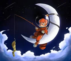 Size: 3120x2669 | Tagged: safe, artist:rexyseven, derpibooru import, oc, oc:rusty gears, earth pony, pony, cloud, dreamworks, female, fishing rod, high res, image, mare, moon, png, sock, solo, spacesuit, tangible heavenly object, transparent moon