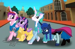 Size: 3264x2151 | Tagged: safe, artist:tidmouthmilk12, derpibooru import, princess cadance, princess celestia, princess luna, twilight sparkle, twilight sparkle (alicorn), alicorn, pony, alternate hairstyle, anna, atg 2023, belle, boots, bow, braid, braided pigtails, cape, clothes, costume, disney, disney princess, disneyland, dress, elsa, frozen (movie), gloves, grin, grumpy, hair bow, image, newbie artist training grounds, pigtails, png, shoes, signature, skirt, smiling, snow white, unamused