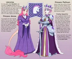 Size: 3874x3160 | Tagged: safe, artist:askbubblelee, derpibooru import, princess amore, princess platinum, anthro, pony, unguligrade anthro, unicorn, armor, banner, beauty mark, clothes, crown, digital art, female, image, jewelry, leonine tail, lore, mare, png, regalia, serious, serious face, sword, tail, unicornia, weapon