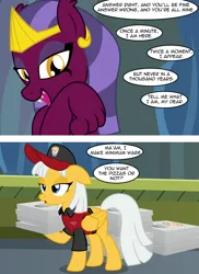 Size: 2552x3508 | Tagged: safe, artist:badumsquish, derpibooru import, sphinx (character), oc, oc:falling comet, pegasus, pony, sphinx, 2 panel comic, baseball cap, cap, clothes, comic, deadpan, delivery pony, derpibooru exclusive, dialogue, duo, eye contact, eyeshadow, fangs, female, folded wings, food, freckles, grin, hat, headdress, image, looking at each other, looking at someone, makeup, mare, pizza, pizza box, pizza delivery, png, pyramid, riddle, sharp teeth, shirt, show accurate, smiling, smug, somnambula (location), talking, teeth, unamused, vest, wings