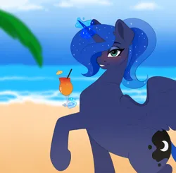 Size: 1700x1666 | Tagged: safe, artist:vetta, derpibooru import, princess luna, alicorn, pony, alcohol, beach, cocktail, drink, female, image, mare, ocean, palm tree, png, smiling, solo, spread wings, tree, water, wings