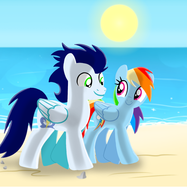 Size: 1400x1400 | Tagged: safe, artist:mlplary6, derpibooru import, rainbow dash, soarin', pegasus, pony, beach, female, image, looking at each other, looking at someone, male, mare, ocean, png, shipping, smiling, smiling at each other, soarindash, stallion, straight, sun, walking, water