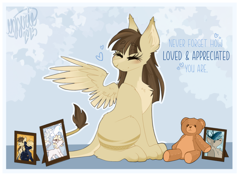 Size: 2160x1588 | Tagged: safe, artist:ezzerie, derpibooru import, oc, oc:abby, deer, sphinx, anniversary gift, barely pony related, female, image, obligatory pony, photographs, plushie, png, sitting, solo, teddy bear