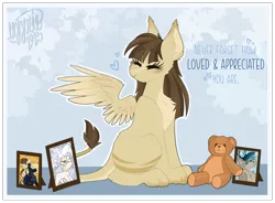 Size: 2160x1588 | Tagged: safe, artist:ezzerie, derpibooru import, oc, oc:abby, deer, sphinx, anniversary gift, barely pony related, female, image, obligatory pony, photographs, plushie, png, sitting, solo, teddy bear