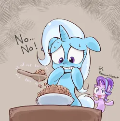 Size: 1394x1400 | Tagged: safe, artist:k-nattoh, derpibooru import, starlight glimmer, trixie, pony, unicorn, beans, duo, food, frown, image, jpeg, magic, natto, open mouth, smiling, text