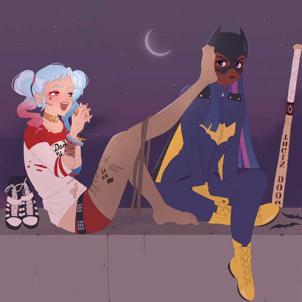 Size: 3072x3072 | Tagged: safe, artist:cryweas, derpibooru import, trixie, twilight sparkle, human, alternate hairstyle, annoyed, baseball bat, batgirl, batman, blushing, bondage, boots, bracelet, cape, choker, clothes, commission, cosplay, costume, crescent moon, cuffs, dc comics, duo, ear piercing, earring, eyebrow piercing, eyeshadow, feet, female, fishnets, gloves, harley quinn, humanized, image, jacket, jewelry, leather, leather jacket, lesbian, lipstick, makeup, mask, midriff, moon, nail polish, night, nose piercing, nose ring, open mouth, pants, piercing, png, ring, rooftop, rope, rope bondage, shipping, shirt, shoes, shorts, sitting, stars, stocking feet, t-shirt, tattoo, teasing, toenail polish, torn clothes, twilight sparkle is not amused, twixie, unamused