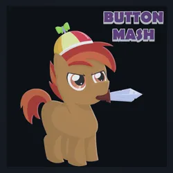 Size: 3020x3020 | Tagged: safe, derpibooru import, button mash, earth pony, pony, button's adventures, don't mine at night, background pony, colt, foal, hat, image, male, mouth hold, png, propeller hat, solo, sword, weapon