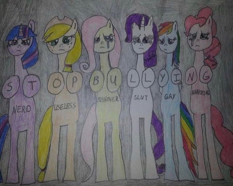 Size: 897x715 | Tagged: safe, artist:imonly5feet, derpibooru import, applejack, fluttershy, pinkie pie, rainbow dash, rarity, twilight sparkle, earth pony, pegasus, pony, unicorn, bad anatomy, bully, bullying, crying, english, gay, image, jpeg, male, mane six, mouthpiece, simple background, standing on two hooves, text, traditional art