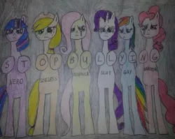 Size: 897x715 | Tagged: safe, artist:imonly5feet, derpibooru import, applejack, fluttershy, pinkie pie, rainbow dash, rarity, twilight sparkle, earth pony, pegasus, pony, unicorn, bad anatomy, bully, bullying, crying, english, gay, image, jpeg, male, mane six, mouthpiece, simple background, standing on two hooves, text, traditional art