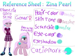 Size: 1024x768 | Tagged: safe, artist:rainbowstarcolour262, derpibooru import, oc, oc:zina pearl, unofficial characters only, earth pony, human, pony, equestria girls, angry, arm behind back, beautiful, bedroom eyes, clothes, crystal prep academy uniform, cutie mark, ear piercing, earring, earth pony oc, eyeshadow, female, frown, image, jewelry, looking back, makeup, mare, necklace, pearl earrings, pearl necklace, piercing, plaid skirt, pleated skirt, png, ponytail, pouting, purple eyes, raised hoof, reference sheet, school uniform, scrunchie, shirt, shoes, simple background, skirt, smiling, socks, standing, teeth, tsundere, white background