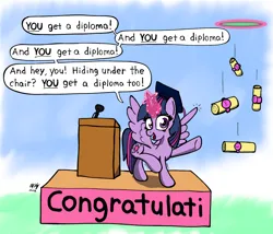 Size: 1400x1200 | Tagged: safe, artist:ebbysharp, derpibooru import, twilight sparkle, twilight sparkle (alicorn), alicorn, pony, atg 2023, diploma, graduation cap, hat, image, magic, newbie artist training grounds, png, solo, we couldn't fit it all in
