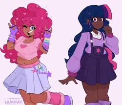 Size: 2048x1761 | Tagged: safe, artist:darkdoubloon, derpibooru import, pinkie pie, sci-twi, twilight sparkle, human, equestria girls, clothes, dark skin, detached sleeves, duo, image, jpeg, looking at you, moderate dark skin, one eye closed, open mouth, redesign, simple background, skirt, smiling, white background, wink