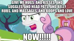 Size: 1280x720 | Tagged: safe, derpibooru import, edit, edited screencap, screencap, sweetie belle, angry, caption, hugs?, image, image macro, implied belly rubs, implied boop, implied head pat, implied hugging, implied kissing, implied massage, implied snuggles, jpeg, snuggles?, sweetielove, talking to viewer, text, yelling