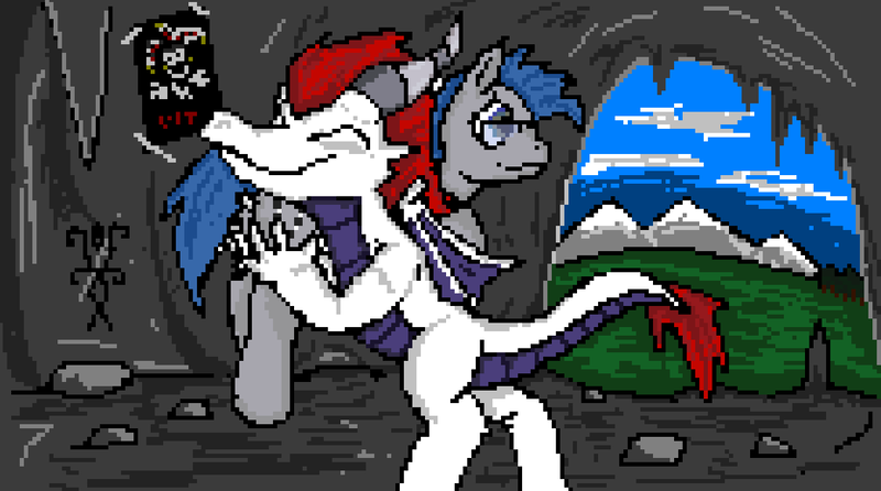 Size: 1252x698 | Tagged: safe, artist:damset, derpibooru import, oc, oc:alika rex, oc:andy feelin, unofficial characters only, dragon, earth pony, cave, female, forest, glasses, grass, image, male, mountain, ms paint, pixel art, png, poster, tree