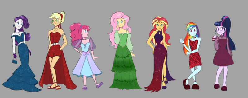 Size: 1280x511 | Tagged: safe, artist:chsdiaries, derpibooru import, applejack, fluttershy, pinkie pie, rainbow dash, rarity, sci-twi, sunset shimmer, twilight sparkle, human, equestria girls, clothes, dress, female, gray background, hand in pocket, humane five, humane seven, humane six, image, png, simple background