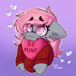 Size: 1829x1829 | Tagged: safe, artist:yumkandie, derpibooru import, oc, oc:cherry rose, pegasus, caption, clothes, cute, hair over one eye, heart, image, image macro, long mane, png, simple background, solo, sweater, text, turtleneck