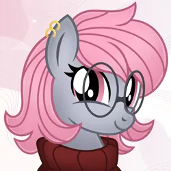 Size: 2500x2500 | Tagged: safe, artist:jennieoo, derpibooru import, oc, oc:cherry rose, pegasus, clothes, ear piercing, glasses, happy, image, long mane, piercing, png, simple background, smiling, solo, sweater, turtleneck