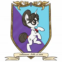 Size: 2048x2048 | Tagged: safe, artist:pfeffaroo, derpibooru import, pony, unicorn, commission, glasses, heraldry, image, jpeg, latin, rearing, side view, solo, ych result