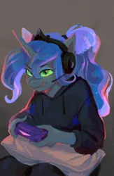 Size: 1300x2000 | Tagged: safe, artist:dearmary, derpibooru import, princess luna, anthro, gamer luna, clothes, controller, female, gray background, headphones, hoodie, image, jpeg, simple background, solo