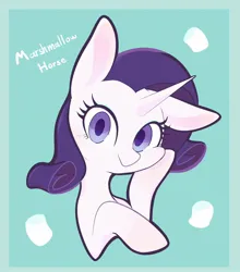 Size: 1804x2048 | Tagged: safe, artist:noupu, derpibooru import, rarity, pony, unicorn, border, bust, female, green background, hoof on cheek, image, jpeg, looking at you, mare, rarity is a marshmallow, simple background, solo, text