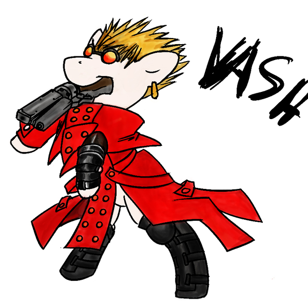 Size: 851x851 | Tagged: safe, anonymous artist, derpibooru import, ponified, earth pony, pony, clothes, crossover, gun, image, jpeg, simple background, solo, vash the stampede, weapon, white background