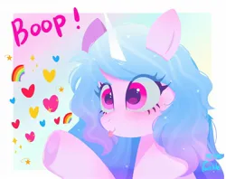 Size: 2048x1620 | Tagged: safe, artist:petaltwinkle, derpibooru import, izzy moonbow, pony, unicorn, g5, :p, bust, cute, female, heart, image, izzybetes, jpeg, mare, rainbow, signature, smiling, solo, sparkles, tongue out, underhoof