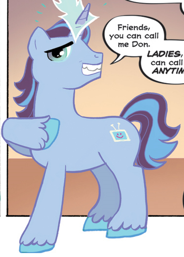 Size: 377x526 | Tagged: safe, artist:carla speed mcneil, derpibooru import, idw, jumbo don, pony, unicorn, friends forever, spoiler:comic, spoiler:comicff01, cropped, dialogue, g4, glow, glowing horn, grin, horn, image, male, png, raised hoof, smiling, solo, speech bubble, stallion, tail, unshorn fetlocks