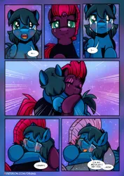 Size: 2480x3508 | Tagged: safe, artist:dsana, derpibooru import, fizzlepop berrytwist, tempest shadow, oc, oc:lullaby dusk, pegasus, pony, unicorn, comic:a storm's lullaby, crying, female, filly, foal, hug, image, png