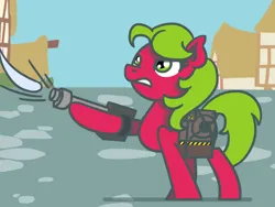 Size: 1800x1350 | Tagged: safe, artist:flutterluv, derpibooru import, part of a set, plasmane, earth pony, pony, atg 2023, ghostbusters, image, jpeg, newbie artist training grounds, ponyville, proton pack, solo