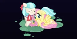Size: 1366x702 | Tagged: safe, artist:fizzyfeathers, derpibooru import, coco pommel, fluttershy, earth pony, pegasus, pony, black background, blush sticker, blushing, cocobetes, cocoshy, cuddling, cute, duo, duo female, eyes closed, female, floppy ears, freckles, freckleshy, image, lesbian, lying down, mare, png, prone, shipping, shyabetes, simple background