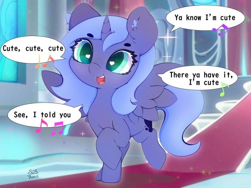 Size: 4000x3000 | Tagged: safe, artist:zokkili, derpibooru import, princess luna, alicorn, pony, canterlot throne room, cute, ear fluff, female, filly, heart, heart eyes, image, jpeg, lunabetes, lyrics, music notes, open mouth, open smile, singing, smiling, solo, spread wings, text, throne room, wingding eyes, wings, woona, younger