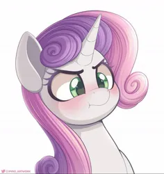 Size: 1125x1191 | Tagged: safe, artist:pyropk, derpibooru import, sweetie belle, pony, unicorn, blushing, bust, female, grumpy, grumpy belle, image, jpeg, mare, older, older sweetie belle, pouting, scrunchy face, simple background, solo, white background