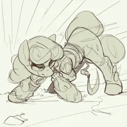 Size: 2000x2000 | Tagged: safe, artist:cadillac-dynamite, derpibooru import, bon bon, sweetie drops, cyborg, earth pony, pony, action pose, ass up, cybernetic legs, image, monochrome, png, secret agent sweetie drops, sketch, solo