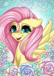 Size: 405x573 | Tagged: safe, artist:nuumia, derpibooru import, fluttershy, pegasus, pony, bust, cute, female, floppy ears, flower, heart, heart eyes, image, looking at you, mare, open mouth, png, portrait, shyabetes, smiling, solo, wingding eyes
