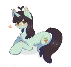 Size: 1795x1698 | Tagged: safe, artist:belkaart0w0, derpibooru import, sprout greenhoof, pony, unicorn, blushing, chest fluff, cute, ear fluff, female, heart, image, las pegasus resident, lying down, mare, png, prone, simple background, solo, white background