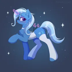 Size: 1603x1606 | Tagged: safe, artist:belkaart0w0, derpibooru import, trixie, pony, unicorn, :p, bedroom eyes, blue background, blushing, chest fluff, choker, clothes, corset, cute, diatrixes, ear fluff, eyeshadow, female, glow, glowing horn, horn, image, makeup, mare, png, raised hoof, simple background, socks, solo, stockings, thigh highs, tongue out