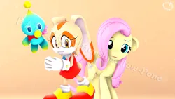 Size: 1280x720 | Tagged: safe, artist:marshmallow-pone, derpibooru import, fluttershy, chao, pegasus, pony, rabbit, animal, cheese, cream the rabbit, crossover, female, food, image, png, sonic the hedgehog (series)