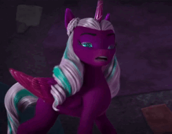 Size: 1390x1080 | Tagged: safe, derpibooru import, edit, edited screencap, screencap, g5, my little pony: make your mark, spoiler:g5, spoiler:my little pony: make your mark, spoiler:my little pony: make your mark chapter 4, spoiler:mymc04e04, animated, coughing, cropped, evil laugh, image, laughing, maniacal laugh, my little pony: make your mark chapter 4, opaline arcana, solo, sunny side up, trotting, webm
