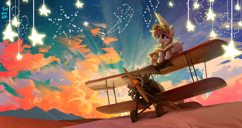 Size: 4096x2160 | Tagged: safe, artist:tinybenz, derpibooru import, oc, oc:芳棠, fox, pegasus, pony, aviator goggles, book, clothes, cutie mark, female, fimtale, flight suit, goggles, image, implied mane six, looking away, mare, pilot, plane, png, quill, scenery, scenery porn, sitting, solo, stars, text