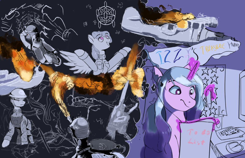 Size: 2886x1864 | Tagged: safe, artist:fly over, derpibooru import, izzy moonbow, rainbowshine, oc, changeling, earth pony, pegasus, pony, unicorn, equestria at war mod, g5, boat, clothes, comic, computer, earbuds, fire, flamethrower, helmet, image, keyboard, list, plane, png, poster, uniform, weapon