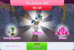 Size: 1270x854 | Tagged: safe, derpibooru import, official, stygian, pony, unicorn, book, bundle, bush, clothes, costs real money, english, gameloft, gem, horn, image, jpeg, male, mobile game, my little pony: magic princess, numbers, sale, solo, solo focus, stallion, text