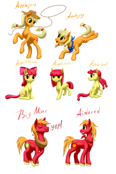 Size: 2400x3600 | Tagged: safe, artist:vasillium, derpibooru import, apple bloom, applejack, big macintosh, oc, oc:aidared, oc:applejoy, oc:appleleaf, oc:appleseed, earth pony, pony, eyes closed, female, filly, foal, image, lasso, male, mare, neckerchief, png, rope, siblings, stallion, text, twins