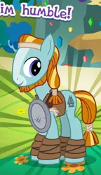 Size: 424x736 | Tagged: safe, derpibooru import, rockhoof, earth pony, pony, beard, clothes, colt, cropped, english, facial hair, foal, gameloft, headband, humble, image, leg wraps, male, meme, my little pony: magic princess, png, solo, stallion, text, wow! glimmer