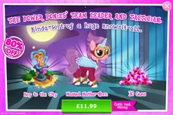 Size: 1958x1301 | Tagged: safe, derpibooru import, idw, official, masked matter-horn, pony, unicorn, advertisement, bush, clothes, costs real money, costume, english, female, gameloft, gem, goggles, idw showified, image, jpeg, key, mare, mobile game, my little pony: magic princess, numbers, power ponies, sale, solo, solo focus, text