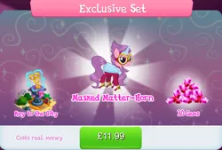 Size: 1268x856 | Tagged: safe, derpibooru import, idw, official, masked matter-horn, pony, unicorn, bundle, bush, clothes, costs real money, costume, english, female, gameloft, gem, goggles, idw showified, image, jpeg, key, mare, mobile game, my little pony: magic princess, numbers, power ponies, sale, solo, solo focus, text