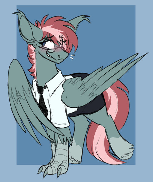 Size: 804x960 | Tagged: safe, artist:rockin_candies, derpibooru import, oc, oc:cascade script, unofficial characters only, hippogriff, clothes, femboy, glasses, image, male, png, secretary, skirt, wings