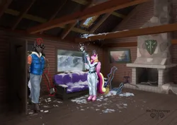 Size: 4093x2894 | Tagged: safe, artist:mik3thestrange, derpibooru import, king sombra, princess cadance, anthro, blizzard, broken window, clothes, commissioner:silverstorm, couch, fireplace, framed picture, hips, house, image, magic, png, shield, snow, snowfall, window, wood